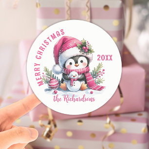 Adesivo Feliz Natal, Pinguim Branco e Rosa