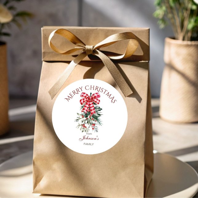 Adesivo Feliz Natal, pinheiros de arco vermelho (Merry Christmas personalized stickers red bow pines rustic Christmas gift Stickers)