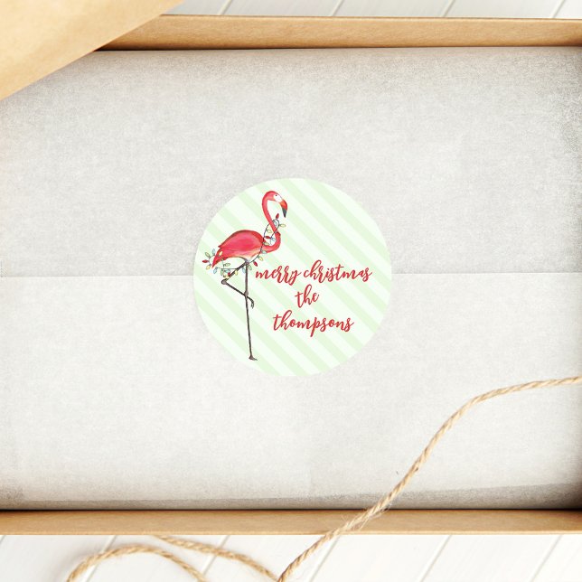 Adesivo Feliz Natal Pink Flamingo Personalizado (Pink Flamingo Merry Christmas custom sticker.)