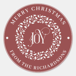 Adesivo Feliz Natal Red Round White Holly Wreath JOY 