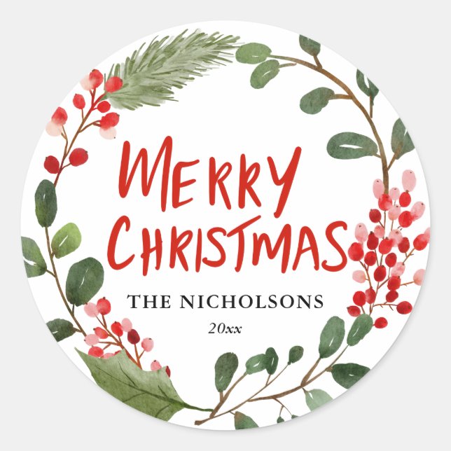 Adesivo Feliz Natal Red Script Watercolor Holly Wreath (Frente)