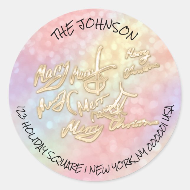 Adesivo Feliz Natal RSVP Dourado Nome do Endereço Holográf (Frente)