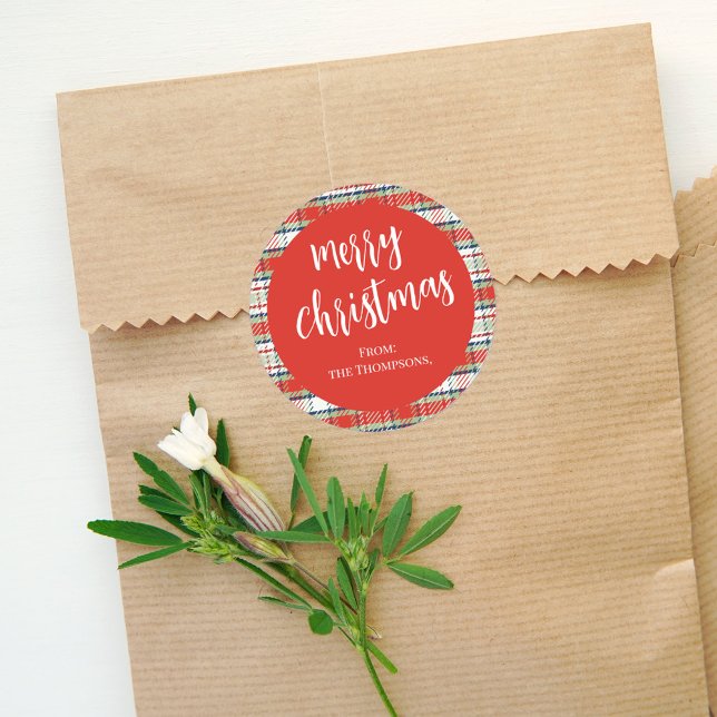 Adesivo Feliz Natal - Script de Caligrafia Vermelha Simple (Merry Christmas simple festive holiday calligraphy script round sticker. )