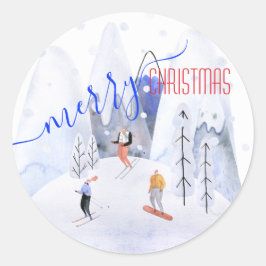 Adesivo Feliz Natal Snowy Mountain Skiers