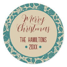 Feliz Natal Teal Floral Nome da Família Personaliz