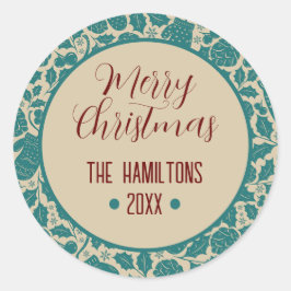 Adesivo Feliz Natal Teal Floral Nome da Família Personaliz