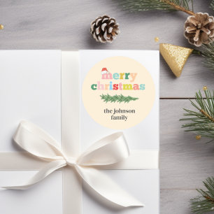 Adesivo Feliz Natal! Tipografia colorida, chapéu de Santa