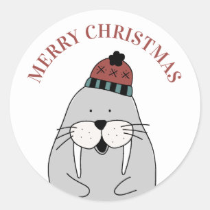 Adesivo Feliz Natal. Uma bela morsa de inverno. Animal eng