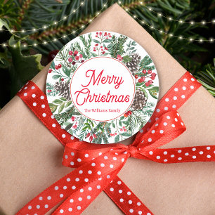 Adesivo feliz natal verde de inverno caligrafia vermelha