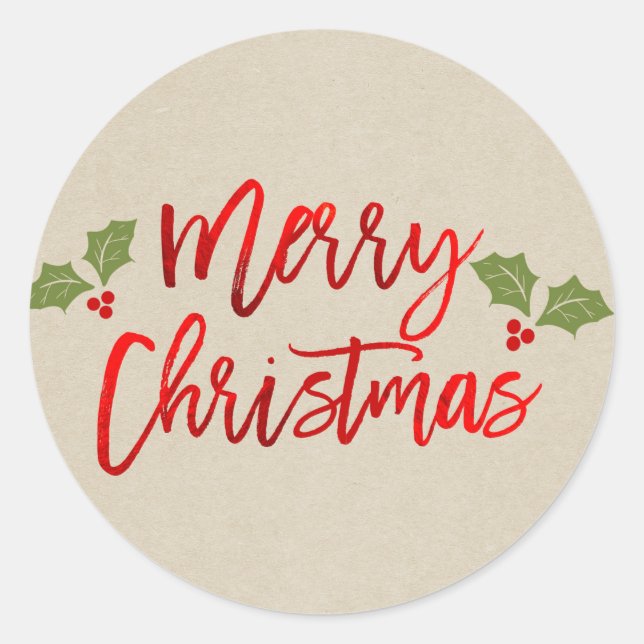 Adesivo Feliz Natal Vermelho Kraft Moderno Script Faux Fol (Frente)