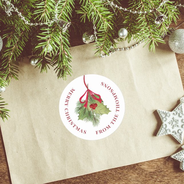 Adesivo Feliz Natal Watercolor Holly Berries Greenery (Christmas red holly berries and greenery custom round sticker. )