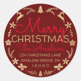 Adesivo Feliz Natal Wreath Dourado Russo RSVP Burgundy