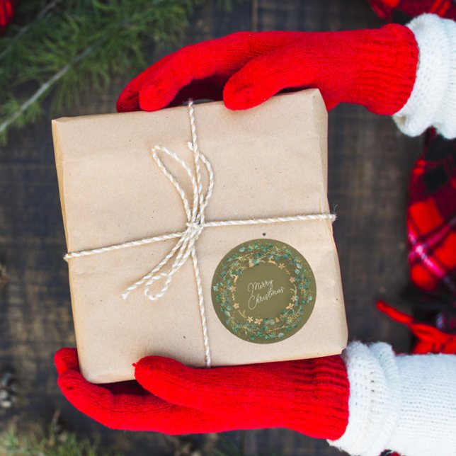 Adesivo Feliz Natal Wreath Verde Madeira Mostarda de Madei (Merry Christmas Green Wreath Woodland Wood Mustard Classic Round Sticker)