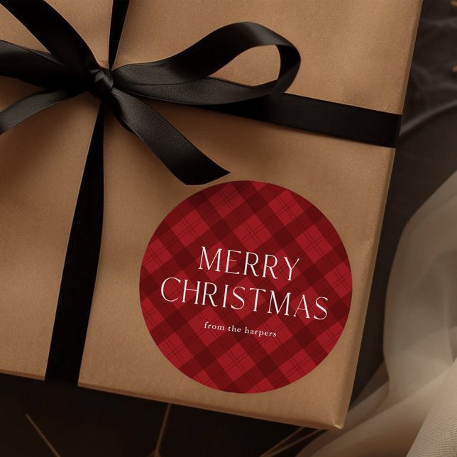 Adesivo Feliz Natal Xadrez Vermelho  (Modern red plaid rustic Christmas gift tag sticker.)