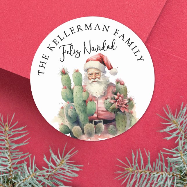 Adesivo Feliz Navidad Cactus Christmas (Feliz Navidad Cactus Santa Christmas Classic Round Sticker )