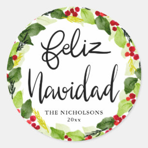 Adesivo Feliz Navidad Script Red Berry Holly Wreath
