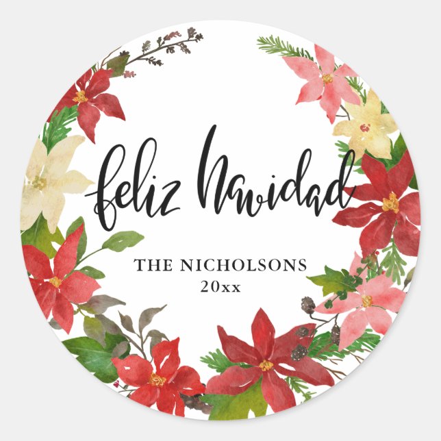 Adesivo Feliz Navidad Script Red Poinsettia Floral Wreath (Frente)