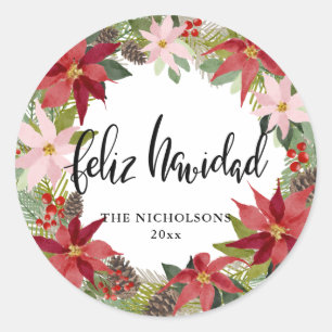 Adesivo Feliz Navidad Script Red Poinsettia Wreath