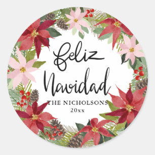 Adesivo Feliz Navidad Script Red Poinsettia Wreath Classic