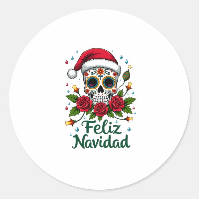 Adesivo Feliz Navidad Sugar Skull Mexican Christmas T-Shir (Frente)