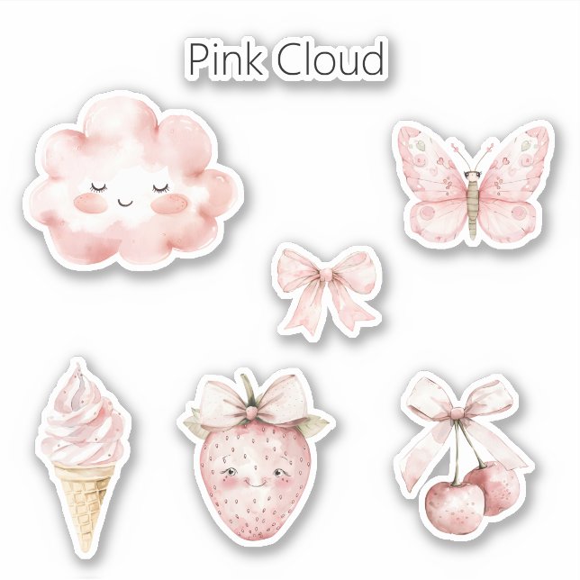 Adesivo Feliz Nuvem Rosa Cílios Borboleta Morango (Frente)