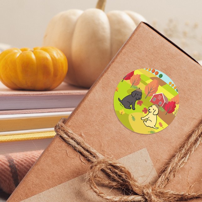 Adesivo Feliz Outono Labrador Retriever Duo Sorrindo (Happy Autumn Labrador Duo Smiling Cartoon Stickers for Labrador Owners.  Cute Cartoon Design.)
