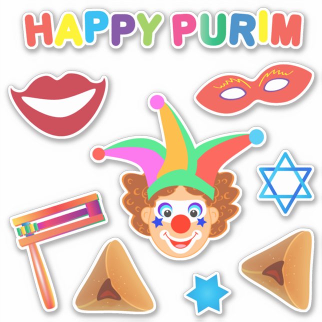 Adesivo Feliz Palhaços Festa de Férias do Purim Símbolos d (Frente)