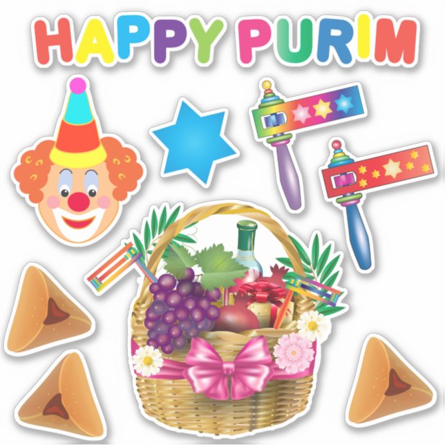Adesivo Feliz Palhaços Festa de Purim Símbolos do Carnaval (Frente)