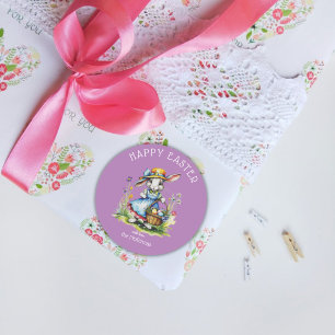 Adesivo Feliz Páscoa Coelho Roxo Vintage Aquarela Ovos