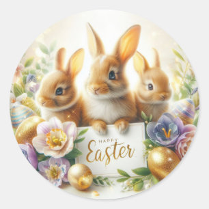 Adesivo Feliz Páscoa, Coelhos, Ovos de Páscoa e Flores