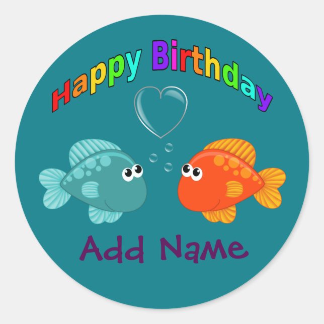 Adesivo Feliz Peixe De Aniversário, Coração, Personalizado (Frente)