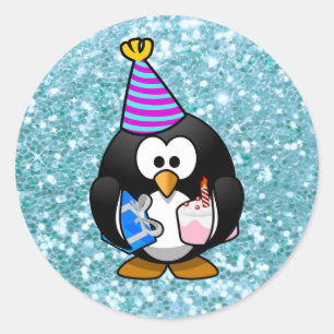 Adesivo Feliz Pinguim Bonito de Aniversário com Gifts Stic