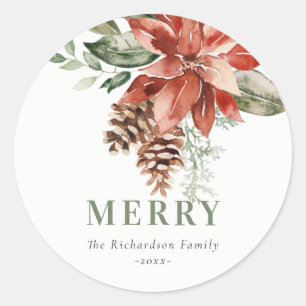 Adesivo Feliz Poinsettia Bunch Watercolor Pine Natal