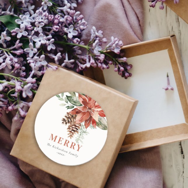 Adesivo Feliz Poinsettia Bunch Watercolor Pine Natal (Criador carregado)