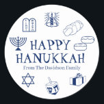 Adesivo Feliz presente de nome personalizado branco azul H<br><div class="desc">Feliz Hanukkah,  personalize o nome da família,  favoreça adesivos Feliz Hanukkah,  Feliz Chanukah,  Hanukkah Sameach!,  Chag Sameach!,  Chag Urim Sameach! Marinho azul e branco</div>