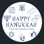 Adesivo Feliz presente de nome personalizado branco azul H<br><div class="desc">Feliz Hanukkah,  personalize o nome da família,  favoreça adesivos Feliz Hanukkah,  Feliz Chanukah,  Hanukkah Sameach!,  Chag Sameach!,  Chag Urim Sameach! Marinho azul e branco</div>