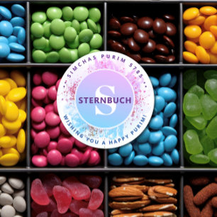 Adesivo Feliz Purim Aquarela Lítio Azul Monograma Clas