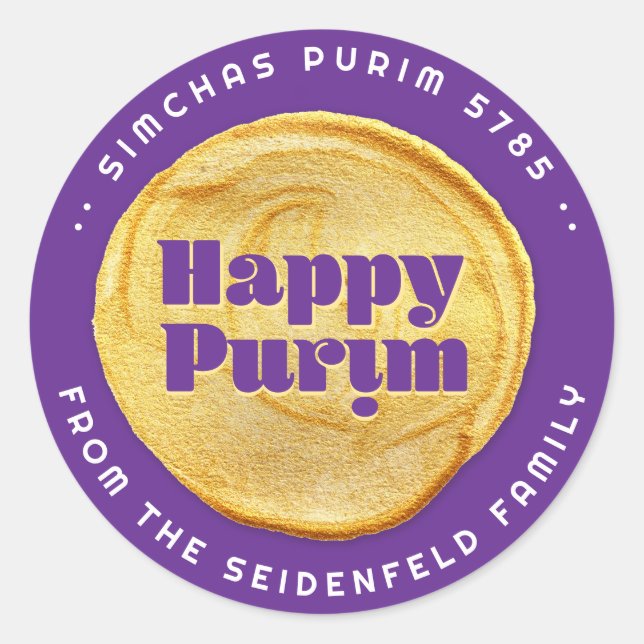 Adesivo Feliz Purim Elegante Dourado Roxo (Frente)