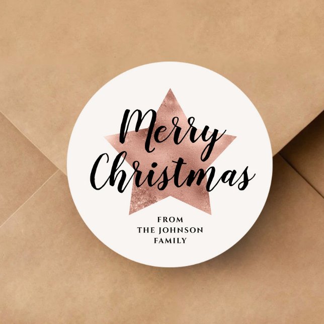 Adesivo Feliz Rosa de Natal - Estrela Dourada (Merry Christmas Rose Gold Star Classic Round Sticker)