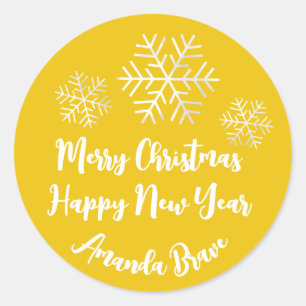 Adesivo Feliz Script de Natal Nome Snowflake Cinza Amarelo