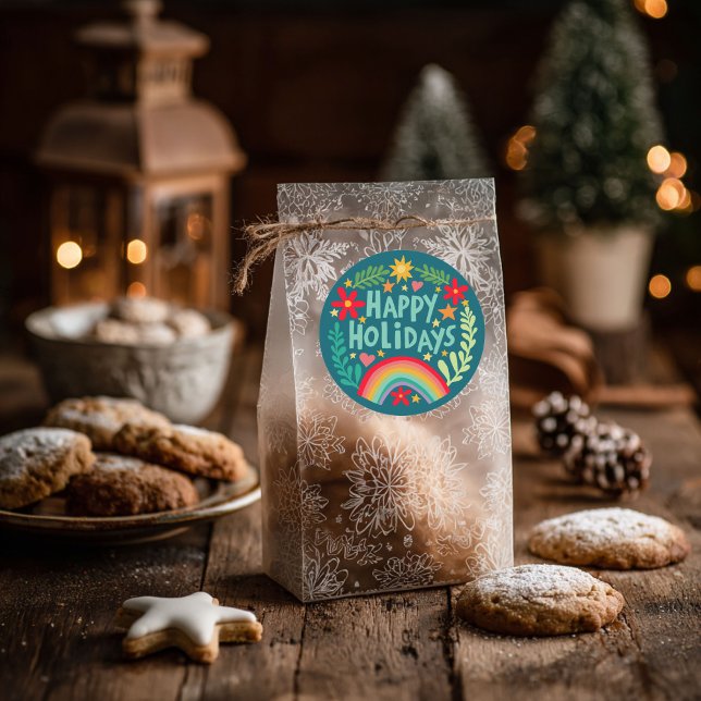 Adesivo Felizes Feriados Arco-Íris Cuta, Coloridos à Mão (Happy Holidays Rainbow Cute Hand-drawn Colorful Classic Round Sticker
)