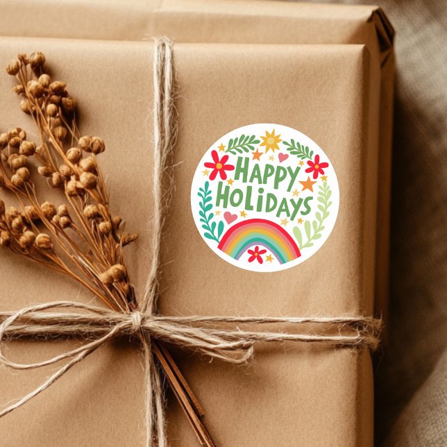 Adesivo Felizes Feriados Arco-Íris Cuta, Coloridos à Mão (Happy Holidays Rainbow Cute Hand-drawn Colorful Classic Round Sticker
)