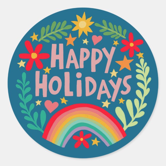 Adesivo Felizes Feriados Arco-Íris Cuta, Coloridos à Mão (Frente)