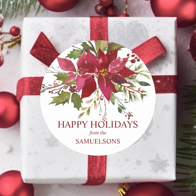 Adesivo Felizes Feriados de Natal da Poinsettia Vermelha E (Watercolor Red Poinsettia Christmas Happy Holidays Classic Round Sticker)