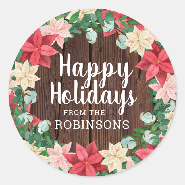 Adesivo Felizes Feriados Poinsettia Madeira Escura (Frente)