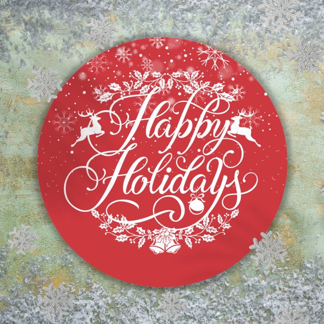 Adesivo Felizes Festas Flocos de Neve Vermelho Natal (Happy Holidays Snowflakes Red Christmas Classic Round Sticker)