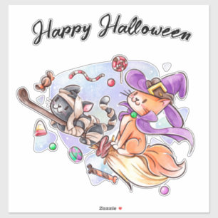 Adesivo Felizes Gatinhos de Halloween Andando por uma vass