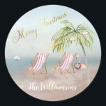 Adesivo Felry Christmas Beach Flamingo Wreath Única<br><div class="desc">Feliz Natal nesta adorável praia Watercolor — uma cena pacífica e gentil com duas cadeiras de praia — um flamingo amigável com uma bela coroa — Palmeira com alguns ornamentos. Qualquer pergunta sobre design,  envie um e-mail para charmdesignstudio@rcn.com e ficaremos felizes em ajudar.</div>