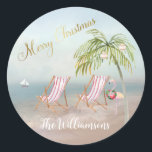 Adesivo Felry Christmas Beach Flamingo Wreath Única<br><div class="desc">Feliz Natal nesta adorável praia Watercolor — uma cena pacífica e gentil com duas cadeiras de praia — um flamingo amigável com uma bela coroa — Palmeira com alguns ornamentos. Qualquer pergunta sobre design,  envie um e-mail para charmdesignstudio@rcn.com e ficaremos felizes em ajudar.</div>