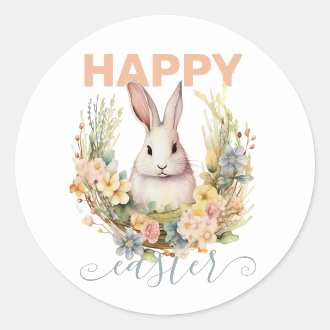 Adesivo Felz pascoa bonito com bunny & Floral Wreath (Frente)